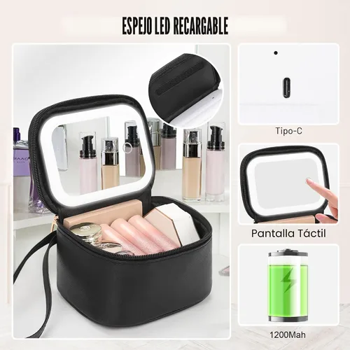 Vista 3 de Relavel Mini bolsa de maquillaje con espejo LED, pequeña bolsa de 01-Negro
