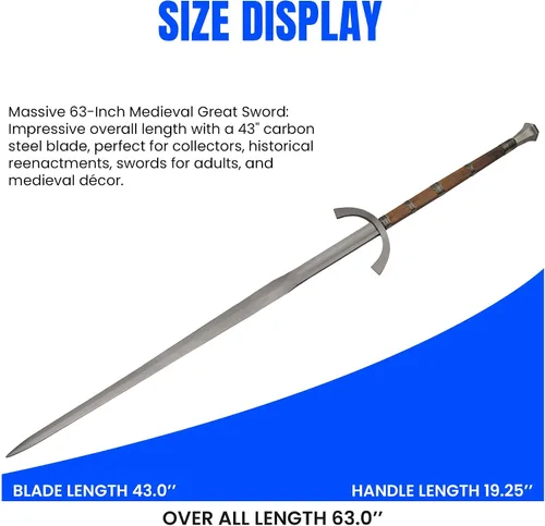 Vista 2 de SZCO Gran espada de 63 pulgadas, espada larga medieval de acero al carbono con dos manos con vaina de cuero, hoja hecha a mano de 43 pulgadas