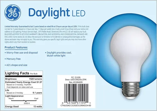 Vista 3 de GE Lighting 31199 - Luz LED de uso general esmerilado A21, luz diurna de 13 vatios (reemplazo de 100 vatios), base media de 1520 lúmenes, paquete