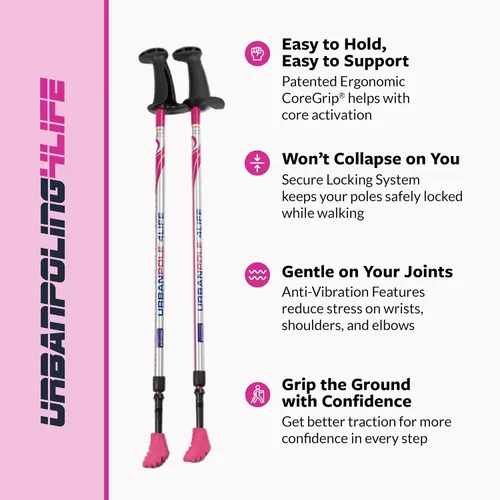 Vista 2 de Urban Poling 4LIFE - Bastones urbanos – 1 par – Edición fitness – CoreGrip ergonómico patentado para estabilidad – Ajustable, plegable, ligero
