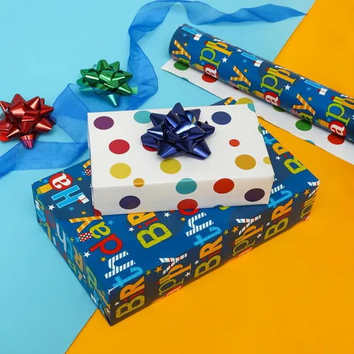 Vista 2 de U'COVER Rollo de papel de regalo reversible de feliz cumpleaños para niños y niñas, diseño de lunares, papel de regalo para mujeres, hombres, baby