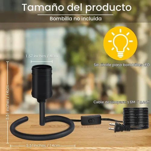 Vista 2 de E26 Edison - Juego de 2 lámparas de mesa pequeñas para dormitorio, soporte de base de lámpara industrial E26 Edison con enchufe, lámpara moderna