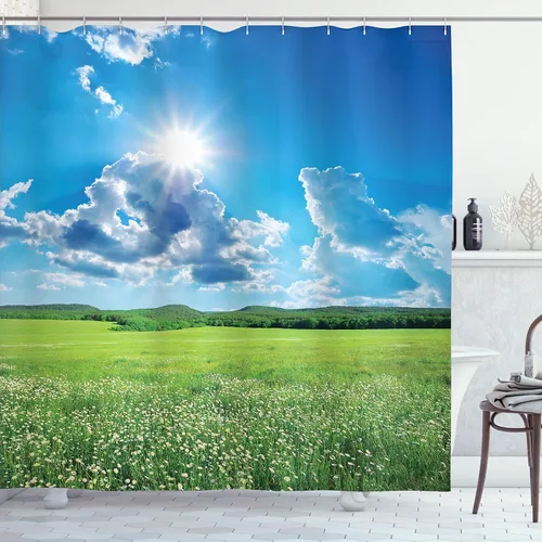 Vista 84 de Ambesonne Decor Collection, juego de cortina con ganchos para regadera Amarillo y marrón