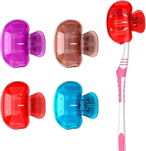 Vista 8 de Nincha Paquete de 4 fundas multicolor para cabezales de cepillo de dientes, protector universal con clip para cepillos manuales y eléctricos, morado
