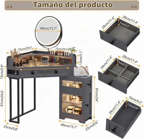 Vista 2 de FREDEES - Vanidad de maquillaje con espejo y luces Corner Makeup Desk with Drawers and Shelves, Vanity Table with Charging Station and Stool for