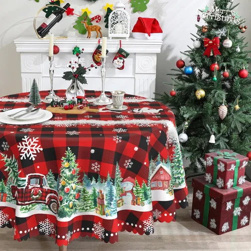 Vista 9 de Mantel cuadrado de Navidad 52x52 pulgadas - Rojo camión de Navidad, decoración de fiesta para el hogar - Mantel rectangular de Navidad a cuadros
