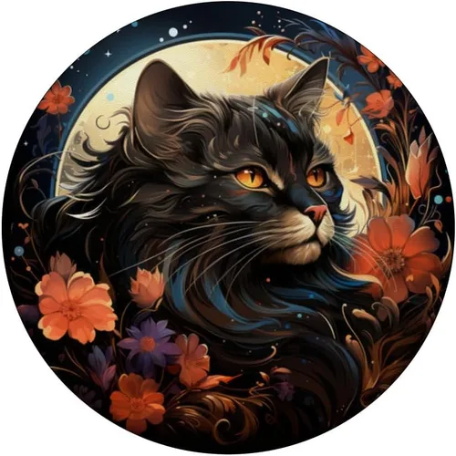 Vista 3 de Gato Negro Mirando Luna Llena Flores Celestiales Estrellas Floral PopSockets Estándar PopGrip
