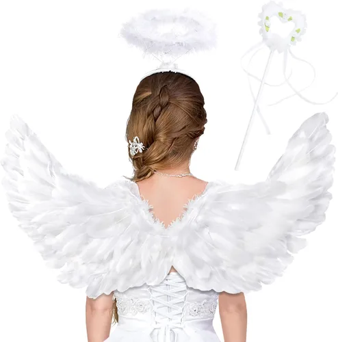 Vista 7 de Alas de ángel, alas de ángel y halo para mujer, disfraz de disfraz de Navidad y Halloween Negro