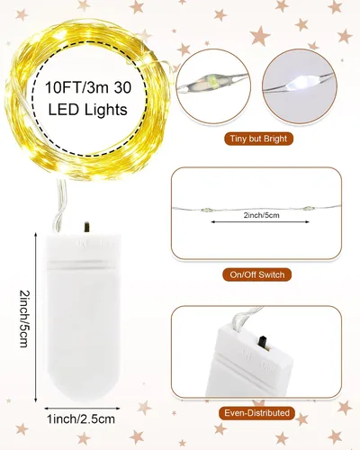Vista 2 de Riakrum 25 luces LED de 10 pies con 30 luces LED a granel, color blanco cálido, impermeable, pequeñas luces LED parpadeantes para tarro estrellado