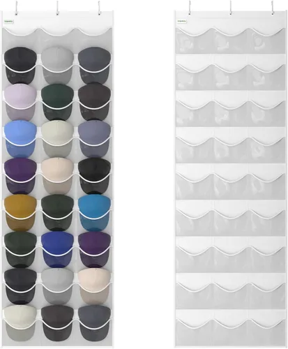 Vista 16 de Estante para gorras de béisbol, organizador de 24 bolsillos para colgar en la puerta con bolsillos profundos transparentes para mostrar la colección