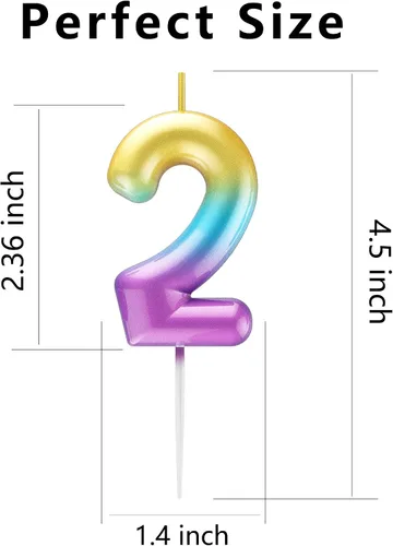 Vista 2 de Velas número 2 arcoíris con número 3D de feliz cumpleaños para decoración de fiesta de pastel de cumpleaños, suministros de celebración