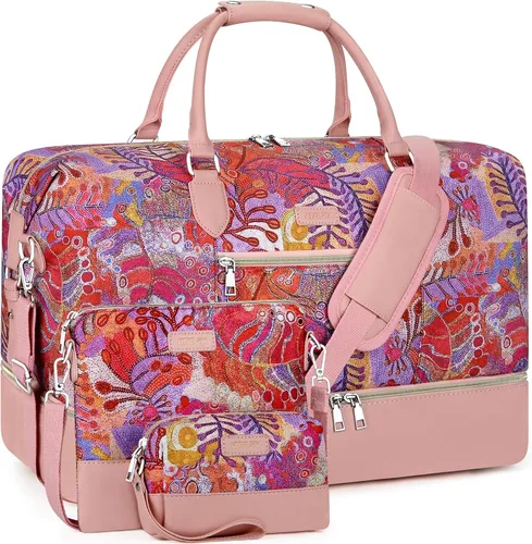 Vista 45 de Bolsa de fin de semana para mujer, bolsa de viaje de nailon, con compartimento para zapatos, tamaño grande 1-beige