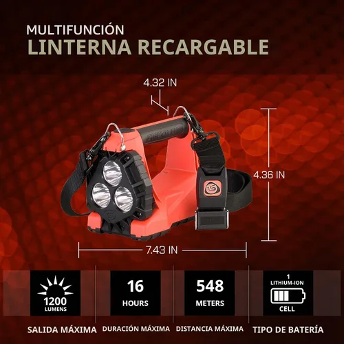 Vista 7 de Streamlight 44311 Vulcan 180 LED linterna recargable AC/DC cargador 1200 lúmenes, naranja - 1200 lúmenes