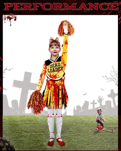 Vista 7 de Toulite Disfraz de animadora zombi de Halloween para niñas, disfraz de Halloween sin animadoras, calcetines, guantes, pompones, lazo, cosplay
