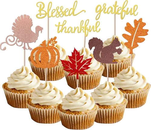 Vista 8 de Rsstarxi Paquete de 24 adornos para cupcakes con purpurina de otoño de hojas de arce de otoño, palillos para cupcakes, decoración de pasteles