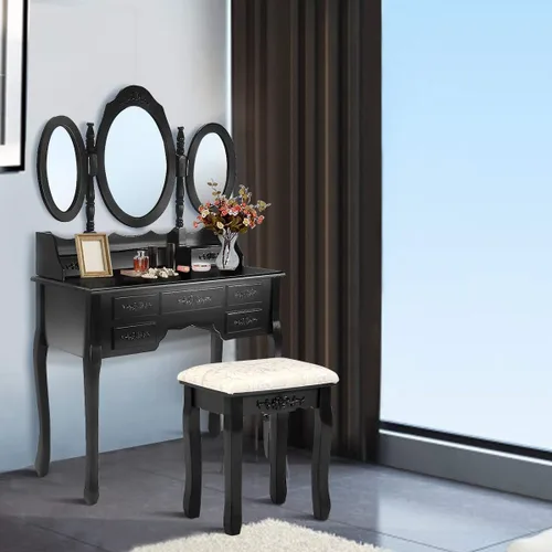 Vista 4 de Taburete de tocador, asiento acolchado suave, bonitos patrones y tallado delicado, negro, blanco