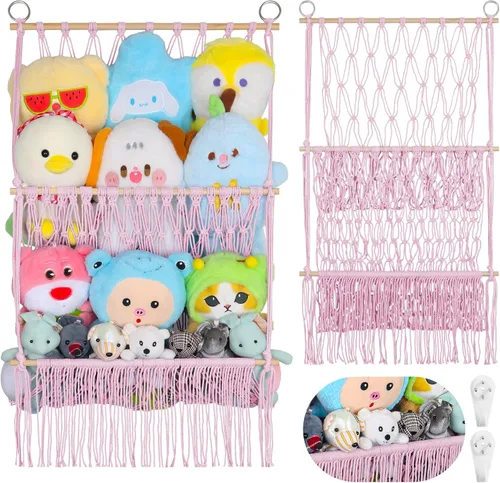 Vista 22 de Red de almacenamiento de animales de peluche de 2 niveles, 17 x 32 pulgadas, organizador grande de animales de peluche para pequeños rellenos