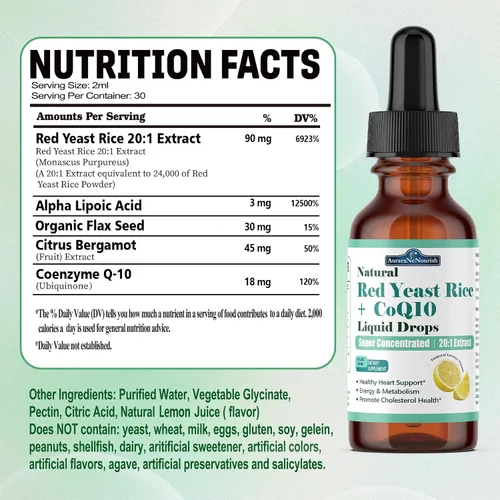 Vista 8 de Arroz de levadura roja liposomal con gotas líquidas Coq10, 5 en 1 extra fuerte 1200 mg de colesterol y apoyo cardíaco con ácido alfa lipoico
