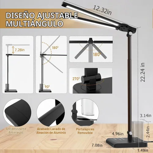 Vista 6 de CHARYJOD Lámpara de escritorio LED retráctil regulable con puerto de carga USB, 50 modos de iluminación, brazo doble oscilante, arquitecto, lámpara