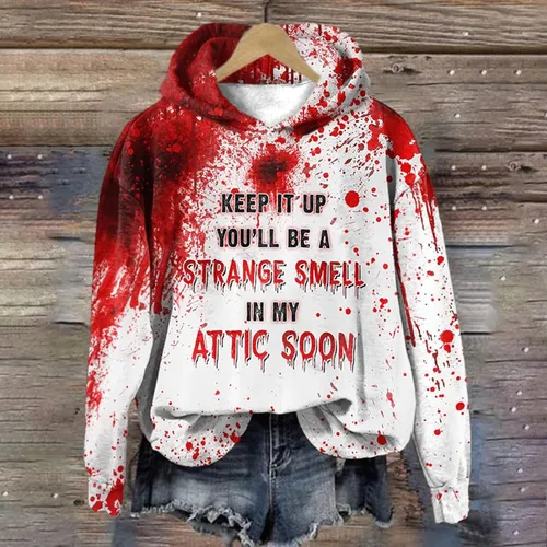 Vista 2 de Sudadera con capucha para mujer con texto en inglés "I'm OK Blood Stain - It's Not My Blood Bloody Print", divertida sudadera con capucha de moda
