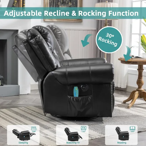 Vista 7 de MEETWARM Sillón reclinable giratorio de masaje con calor y vibración, mecedora manual mecedora, silla reclinable giratoria de 360° con control