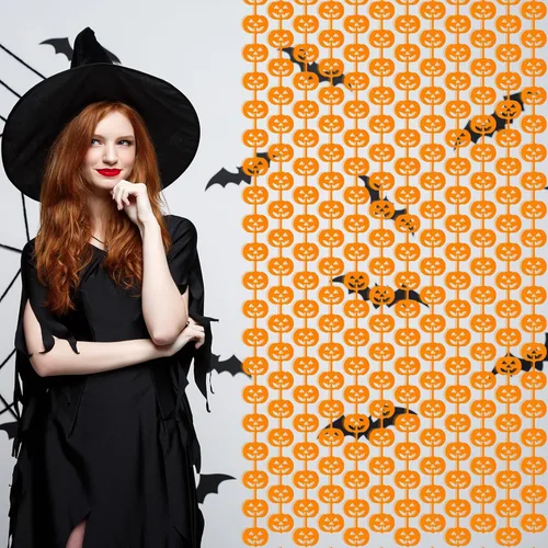 Vista 3 de Paquete de 2 cortinas de flecos metálicos de Halloween de 3.2 x 6.6 pies, cortinas de oropel en forma de calabaza naranja, accesorios para fotos