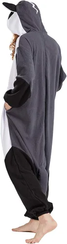 Vista 7 de DELEY Women Men Halloween Onesie Adult Pajamas Animal Cosplay Costume Homewear Sleepwear Jumpsuit,White Badger