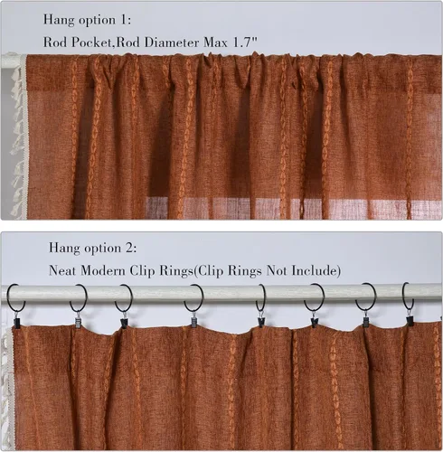 Vista 5 de Cortinas bohemias de color naranja quemado, cortinas rústicas de terracota para sala de estar, 2 paneles de 63 pulgadas de largo, de lino