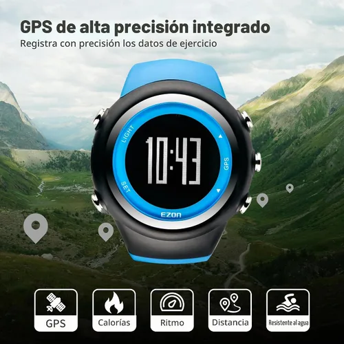 Vista 2 de EZON Reloj GPS para correr con alarma de ritmo de distancia, contador de calorías y cronómetro para hombres (azul)