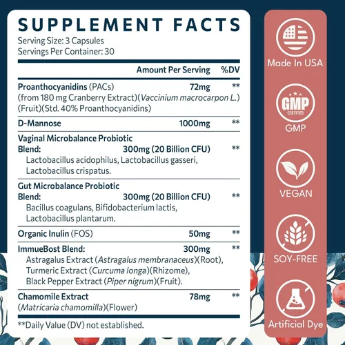 Vista 6 de 72 mg PAC, pastillas de arándano para mujeres, extracto de jugo de arándano orgánico más 1000 mg de D-manosa, apoya la salud del tracto urinario