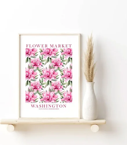 Vista 7 de ColorAndFlair Washington State Flower Market Rhododendron Poster Pink Green Wildflower Floral Wall Art Botanical Print Travel Gift (12x16 inches)