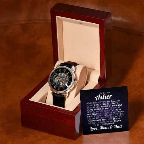 Vista 2 de Reloj calado para hombre con tarjeta de mensaje especial regalo para hijo en el día de graduación boda regalo para mamá o papá hijo en graduación