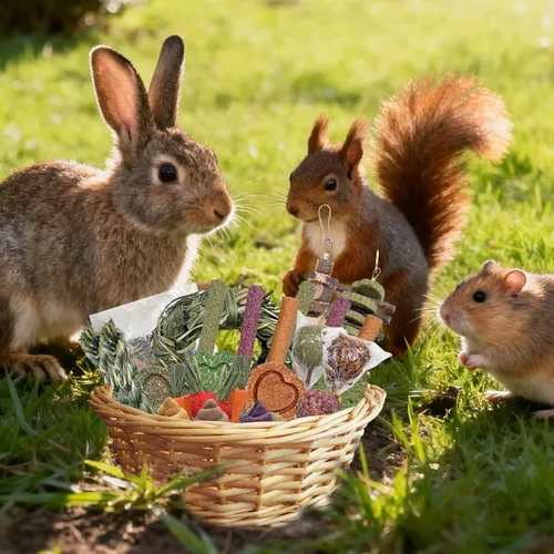 Vista 5 de Juguetes masticables de conejo, juguetes para conejillos de indias y hámsters, juego de palos y bolas naturales para masticar para animales 32 Piezas
