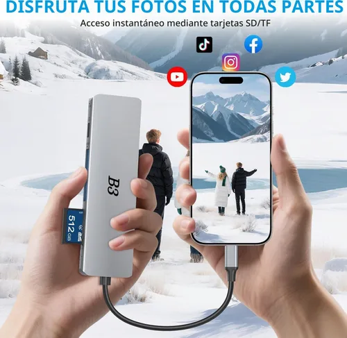 Vista 6 de Adaptador multipuerto USB C Hub 6 en 1 con HDMI 4K@60Hz, 100W PD, 2 puertos de datos USB A y lector de tarjetas SD/TF, Hub de aluminio tipo C