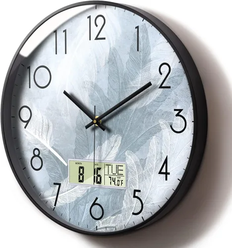 Vista 14 de Reloj de pared industrial SCOAGE con día, semana, temperatura en gris azulado, relojes digitales sin tictac de gran pantalla, relojes de pared