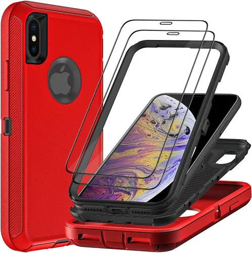 Vista 9 de Funda para iPhone X/iPhone Xs con 2 protectores de pantalla de vidrio templado, grado militar 3 en 1, resistente a prueba de golpes, a prueba