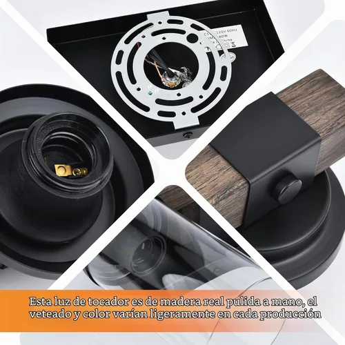 Vista 3 de Lámpara de Baño Estilo Granja de Madera Negra, Iluminación de Tocador de 2 Luces, Aplique de Pared de Madera, Accesorio de Pared Industrial Rústico