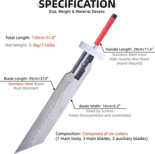 Vista 2 de Sword Valley Buster Sword - Cuchillo de acero Cloud Strife - 51.8 pulgadas/51.2 in - Combinación de hojas desmontables - Hoja de acero inoxidable