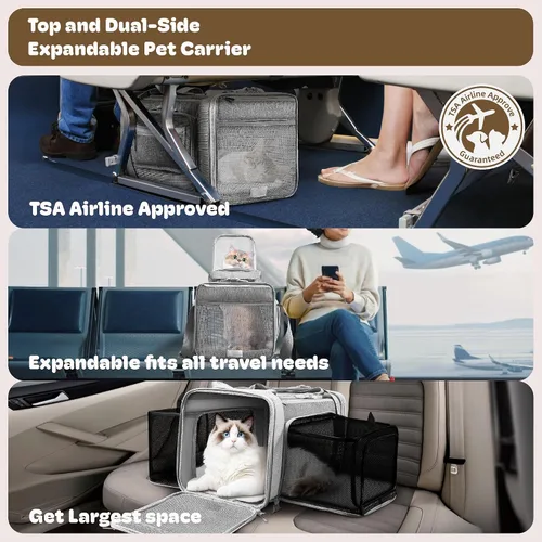 Vista 2 de Transportador de gatos extensible superior y de 2 lados de 17 x 11 x 11 pulgadas, aprobado por la aerolínea TSA, para perros medianos, transportador