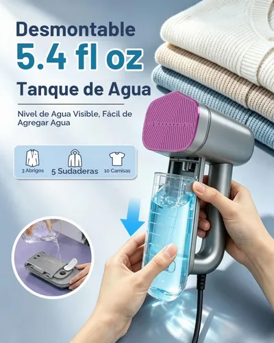 Vista 5 de Vaporizador de mano para ropa, vapor de ropa de viaje para tela Tanque de agua grande de 5.4 fl oz, vaporizador de ropa de 1200 W, 6 modos de vapor