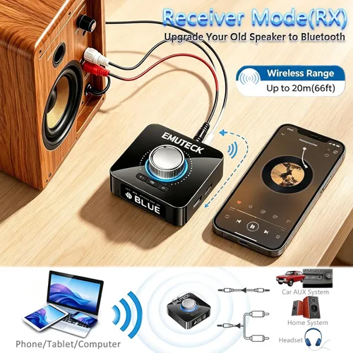 Vista 4 de Receptor transmisor Bluetooth 6.0 con pantalla, adaptador de audio Bluetooth 5 en 1 para TV, PC, altavoz de coche, auriculares, sistema