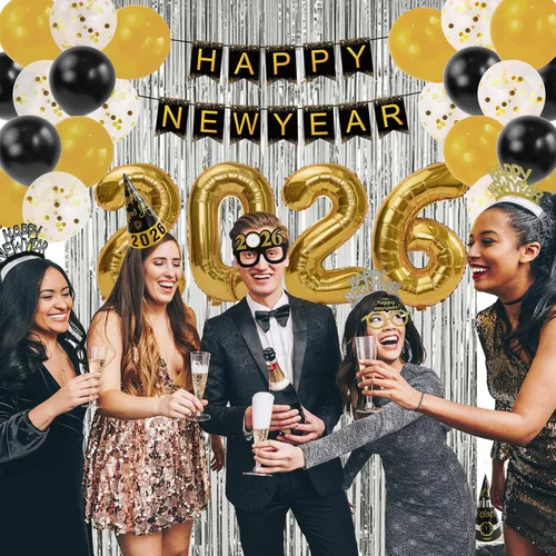 Vista 6 de Suministros para fiesta de Año Nuevo 2026 – Kit de decoración de Feliz Año Nuevo – Juego de 50 unidades incluye pancarta, sombreros, cinta, gafas