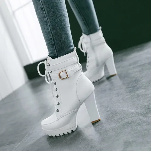 Vista 9 de MIOKE Botines elegantes con plataforma de punta redonda para mujer, con cordones, cierre de cremallera, tacón alto, botines cortos