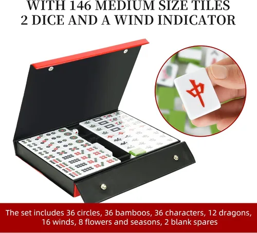Vista 3 de 34MM chino verde medio Mahjong establece 144+2 azulejos de melamina 1.3 "azulejo con caja de transporte portátil completo juego de mahjong