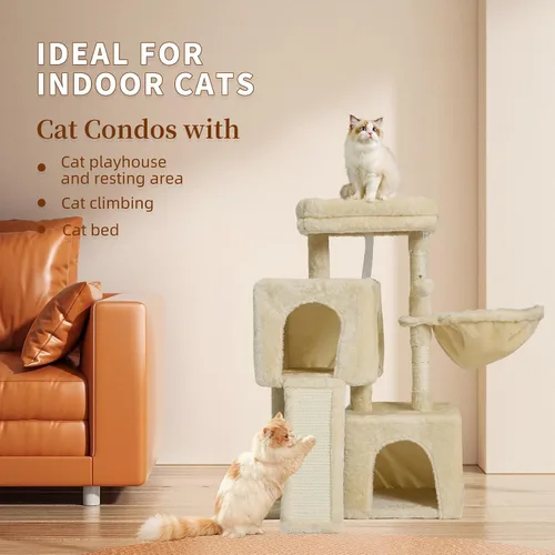 Vista 2 de Árbol para gatos de 35.8 pulgadas con cama doble para gatos y hamaca, rascador de felpa con plataforma cómoda para dormir y pelota de juguete
