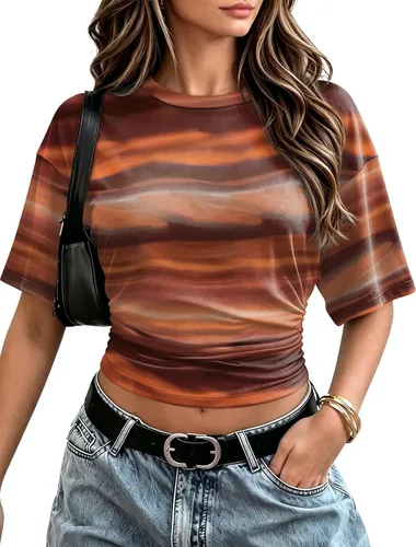 Vista 11 de Sampeel Camisetas cortas de verano 2026 a la moda, manga corta de murciélago, cintura fruncida, ajustadas, básicas, para salir, camisetas de moda