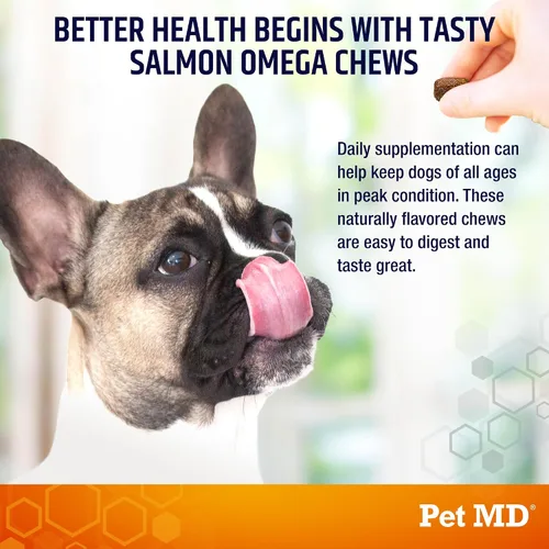 Vista 5 de Pet MD Salmon Omega Bites for Dogs - Suplemento para piel y pelaje con Omega 3 y 6 para perros más DHA y EPA - Promueve la alergia y el alivio