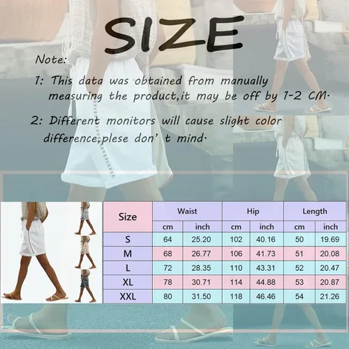 Vista 3 de Bermudas de algodón y lino para mujer, cintura alta elástica, color sólido, pantalones cortos cómodos de verano con bolsillos