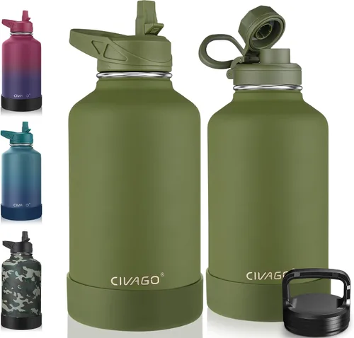 Vista 6 de CIVAGO Botella de agua aislada de 22 onzas con pajita, frasco de agua deportiva de acero inoxidable con 3 tapas