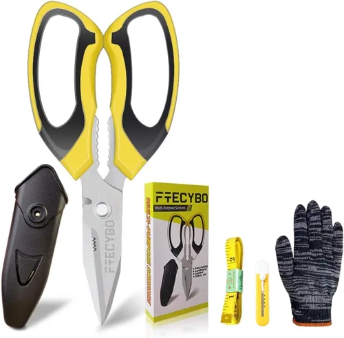 Vista 7 de Tijeras de acero inoxidable ultra afiladas, tijeras resistentes con cubierta protectora, tijeras para alfombras multiusos, cartón de fácil corte Kit